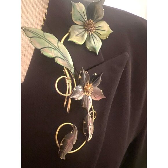 Ocean Treasure Vintage Brooch With Clip-on Earrings Mother-of-Pearl Floral Green - Picture 9 of 11